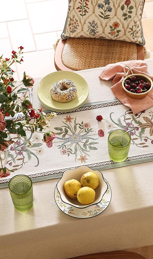 ISAENNE Designer French Country Linen Table Runner 102 Inches Long,Elegant Colorful Floral Pattern Table Runners for Dining Tables,Thanksgiving,Christmas,Kitchen Decor,12"*102"-Serenity F