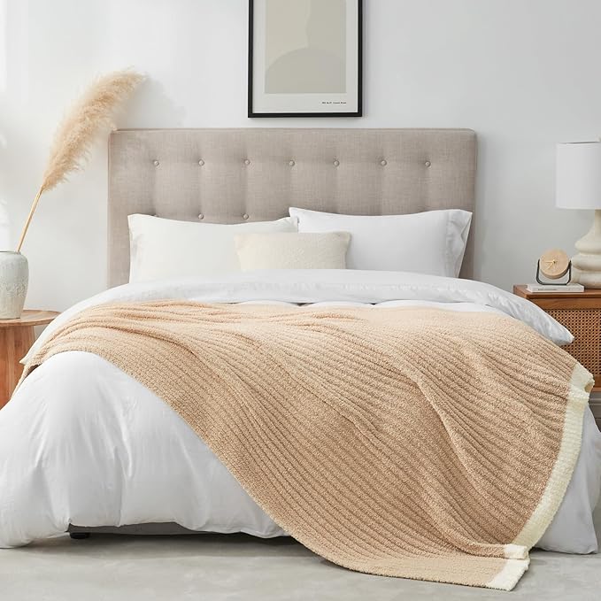 Snuggle Sac Fluffy Ribbed Beige Blanket Twin Size, Soft Luxurious Knit Fuzzy Plush Microfiber Blankets for Sofa, Bed, Beige, 60x80 inches
