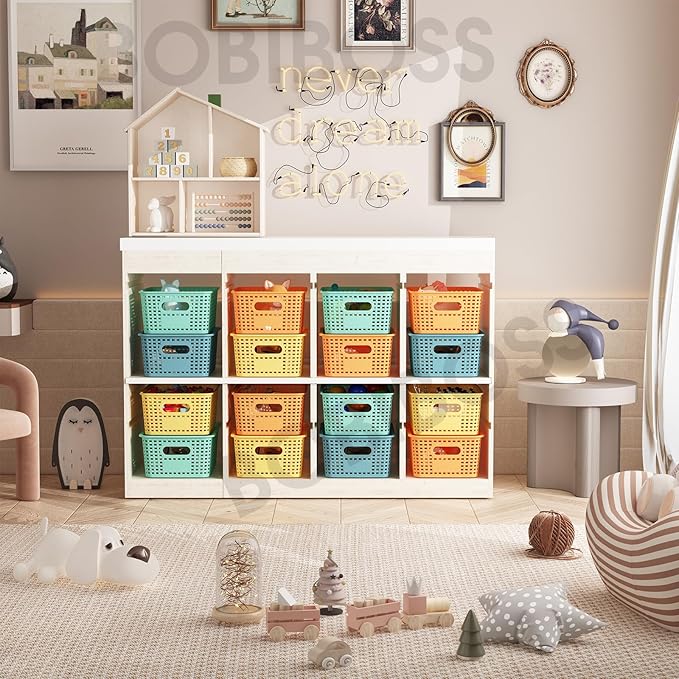 Colorful Plastic Storage Baskets with Lids 12 Pack Stackable Storage Bins Containers for Shelves Organizing, Colored Cute Decorative Storage Boxes for Classroom, Playroom, Closet, Pantry