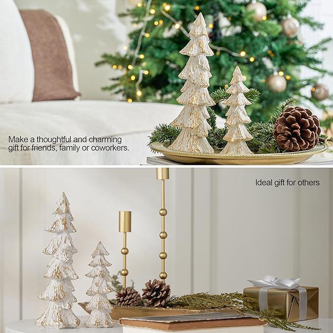 Vintage Christmas Tree Figurines White with Gold, 9.64" Tabletop Xmas Tree Ornaments Christmas Centerpieces for Mantle Desk Decor, Decorative Trees Set of 2 for Modern Farmhouse Indoor Decor