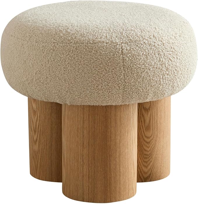 Small Round Foot Stool, Teddy Fabric Ottoman with Non-Skid Legs, Modern Footrest for Under Desk, Sofa Couch, Shoe Changing Bench for Entryway, Living Room, Bedroom, Office (Beige)