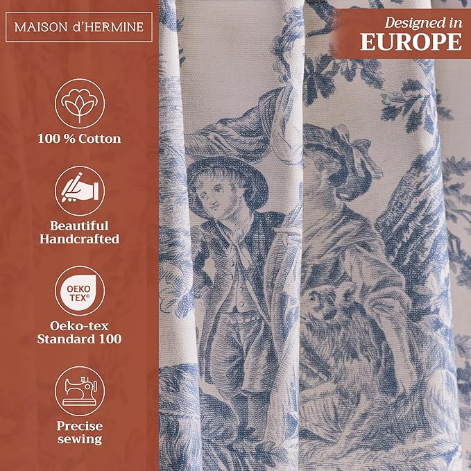Maison d' Hermine Curtains for Living Room 100% Cotton 84 inch Length One Panel Light Filtering Toile Curtains for Bedroom Windows with Rod and Loop Pockets Drapes (The Miller Denim, 50" W x 84" L)
