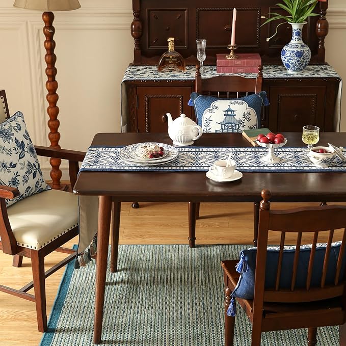 Chinoiserie Small Blue Stripe Cloth Runner for Table,Decorative Linen 63 Inches Long Table Runners,Decor Tabletop for Kitchen,Dining,Party,Home,Christmas,12"*63"