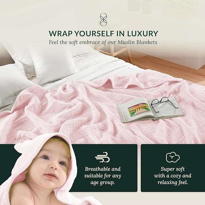 Cloud Scape Linen Extra Large 4 Layer Muslin Throw Blanket - 100% Cotton Gauze, Lightweight & Breathable All Season, Pre-Washed, for Couch & Bed, 50x70, Seashell Pink