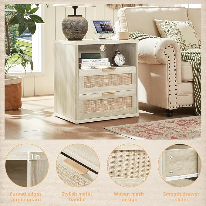LEYAOYAO Rattan Nightstands with Charger Station, 23" Wide Boho Night Stand with 2 Drawers, Grey White Bedside Table Open Shlef, Bed Side End Table Dresser for Bedroom, Living Room Hallway
