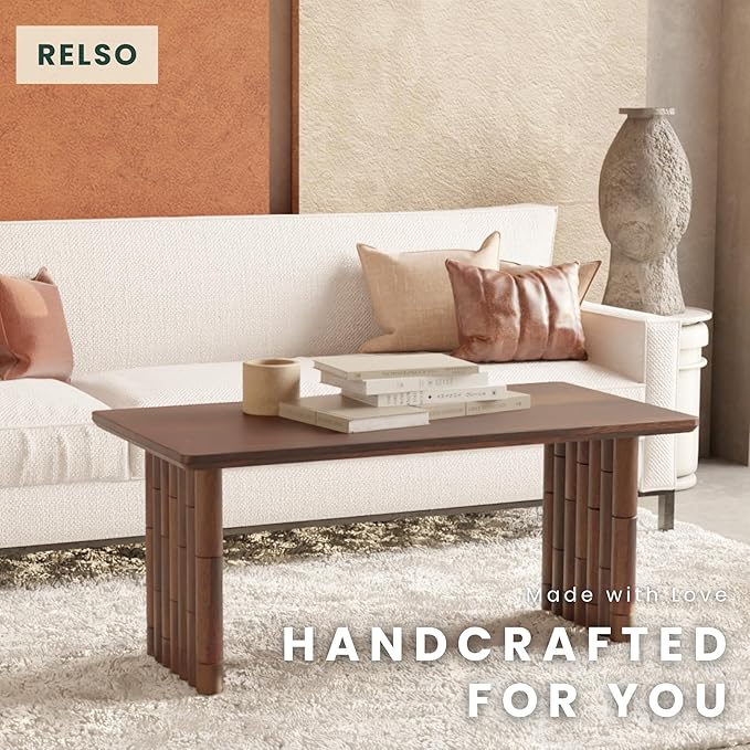 Bambos Coffee Table - Solid Mango Wood Center Table – Handcrafted Living Room Furniture for Apartment, Patio, Home Decor - Compact Sofa Table, Easy Assembly, Modern Accent Piece with Walnut Finish