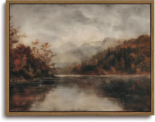 KISSFOX Vintage Autumn Lake Landscape Canvas Wall Art Fall Moody Farmhouse Rustic Country Painting Framed Wall Art Prints Artwork For Living Room Bedroom Kitchen