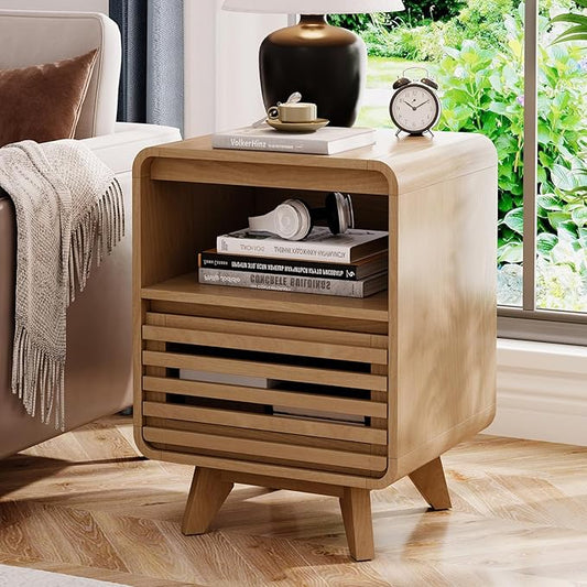 Fluted Night Stand Nightstand with Drawer Storage Grille Bed Side Table End Table Large Modern Wide Bedside Stand Tall Night Stands for Bedroom Living Room Sofa Couch Home Office, Natural Oak