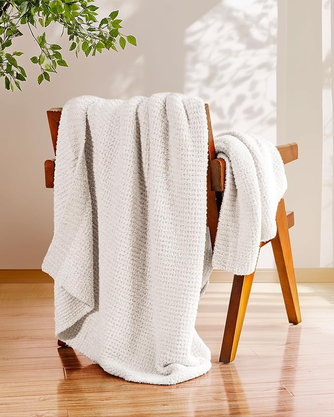 Super Soft Throw Blanket 50 x 60 Inches, Half-Side Plush Fuzzy Blanket for Couch, Sofa, Bed & Chair, Warm Cozy Lightweight Knit Blanket for Fall & Winter Beige