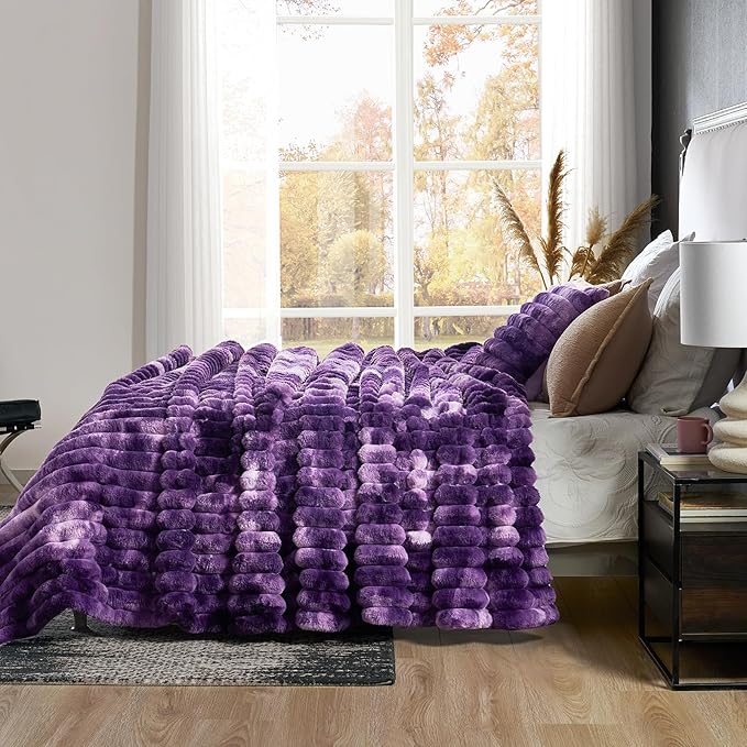 Cozy Bliss Faux Fur Throw Blanket for Couch, Cozy Warm Plush Striped Blanket for Sofa Bedroom Living Room, 90 * 90 Inches Tie-dye Purple