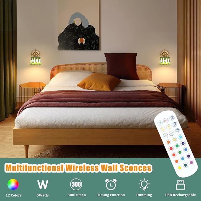 Vintage Battery Operated Wall Sconce Set of 2 with Remote, Rechargeable Wall Lamp 3 Colors Dimmable, Gold Lights Fixture for Bedroom Bathroom Living Room Hallway Green Checker
