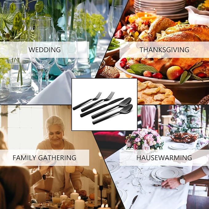 Cubic Black 20-Piece Silverware Set, 18/10 Forged Stainless Steel Flatware, Mirror Polished Modern Cutlery Set, Service for 4, Dishwasher Safe