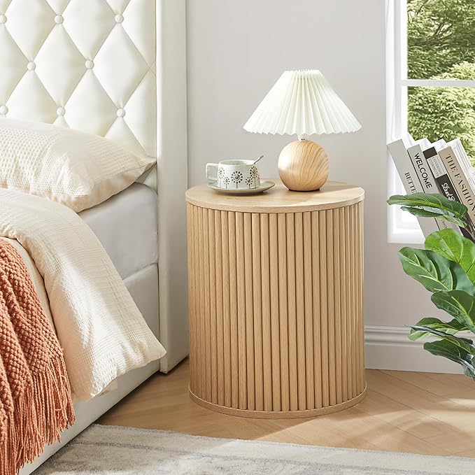 AVZEAR Fluted Round Side Table with Storage, Small End Table Modern Boho Nightstands, Circle Bedside Tables Bohemian Accent Table Wood Night Stand for Small Spaces, Living Room, Bedroom (Nature)