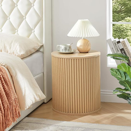 AVZEAR Fluted Round Side Table with Storage, Small End Table Modern Boho Nightstands, Circle Bedside Tables Bohemian Accent Table Wood Night Stand for Small Spaces, Living Room, Bedroom (Nature)