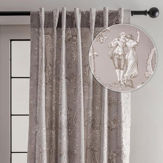Maison d' Hermine Curtains for Living Room 100% Cotton 84 inch Length One Panel Light Filtering Toile Curtains for Bedroom Windows with Rod and Loop Pockets Drapes (Joli Jouy Beige, 50" W x 84" L)