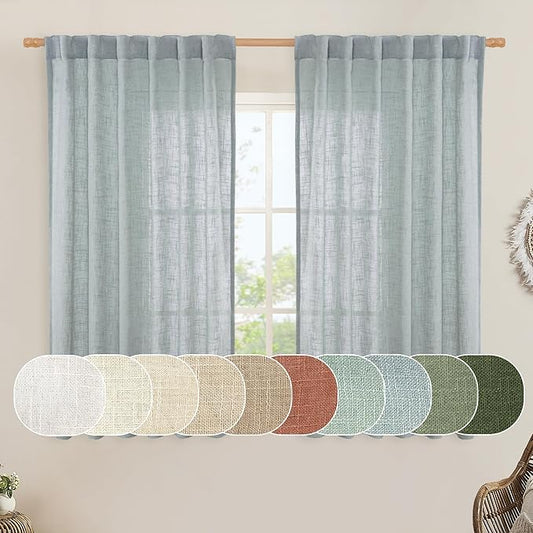 LAMIT Greyish Blue Linen Curtains 45 Inches Long for Bedroom, Light Filtering Panels Back Tab and Rod Pocket Neutral Drapes for Kitchen/Window/Loft Room, 52 x 45 Inch, 2 Panels