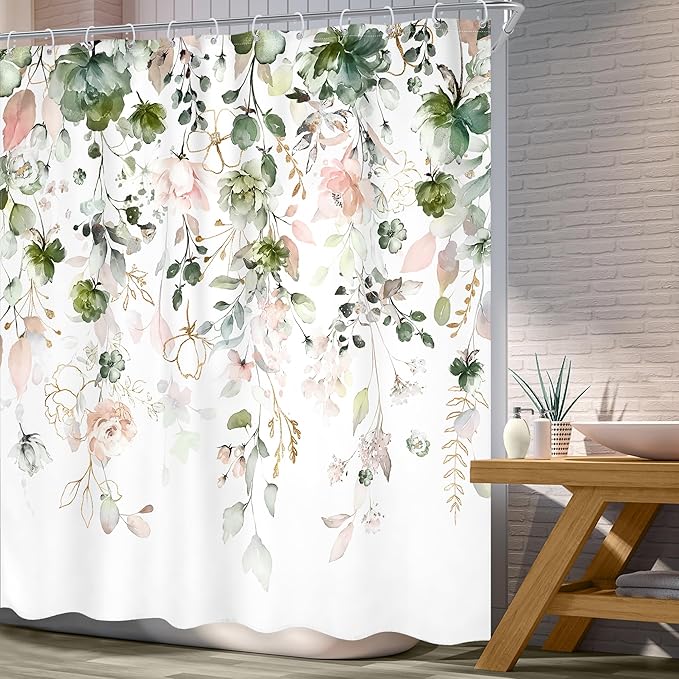Green Pink Floral Flower Shower Curtain 72Wx72L Inch Spring Summer Rustic Eucalyptus Leaves Pastel Wildflower Plant Botanical Pretty Bathroom Set Bath Curtain Bathtub Accessories Home Decor