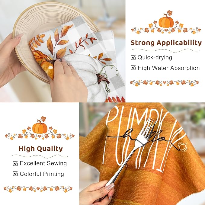 Amandir Fall Kitchen Dish Towels Orange Buffalo Plaid Polka Dot Leaves Hello Pumpkin Fall Hand Towels, 18x26 Inch Farmhouse Home Decor Tea Bathroom Autumn Thanksgiving Decorations Set of 4