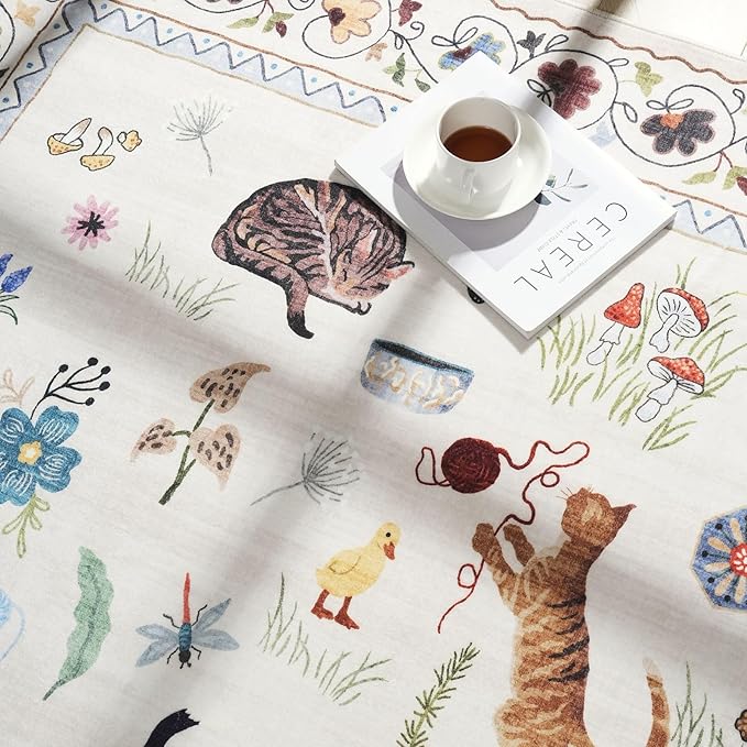 Rugcomf Living Room Rug 5x7 Rug Machine Washable Boho Area Rug Non Slip Floral Animal Cat Vintage Low Pile Large Rugs for Living Room Bedroom Farmhouse Dining Room Kids Playroom, Beige