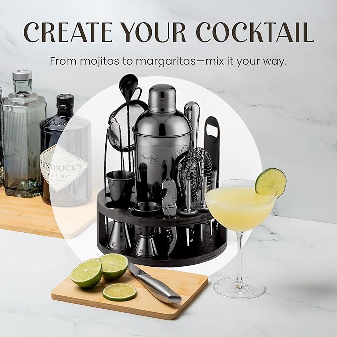 Mixology & Craft Bartender Kit – 15-Piece Cocktail Shaker Set with Bar Tools, Premium Stainless Steel Drink Mixer Accessories for Home Bar, Includes Bamboo Stand, Plus Exclusive Recipe Cards (Black)