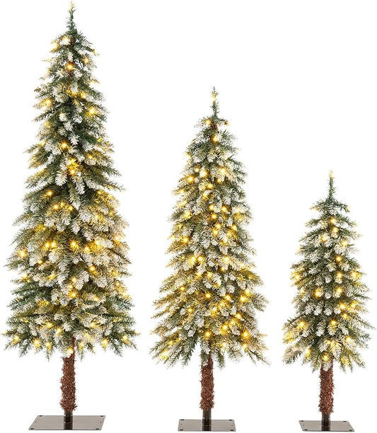 GOFLAME Set of 3 Prelit Christmas Tree, Pencil Artificial Christmas Tree 3Ft, 4Ft and 5Ft with Warm White LED Lights, Slim Christmas Trees with Snowy Leaves, Xmas Decoration Tree for Home Office Party