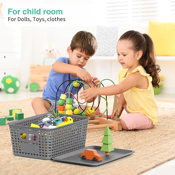 8-Pack Grey Plastic Storage Baskets with Lids, Label Organizers, Stackable Organizer Containers: For Organizing Shelves, Drawers, Desk Closets, Playrooms, Classrooms, Offices