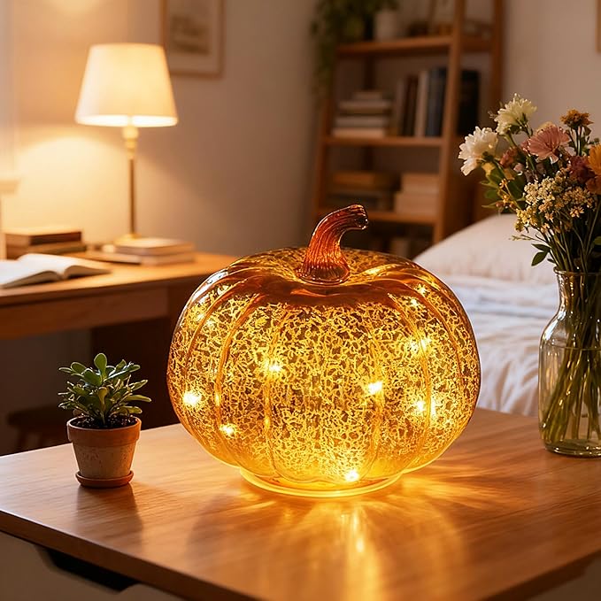 Mercury Glass Pumpkin Light with Timer, with 10 Fairy Lights Inside,Battery Operated Led Pumpkin Light,Ideal for Halloween Fall Decoration, Thanksgiving Rustic Decor, Xmas Decor (Gold)