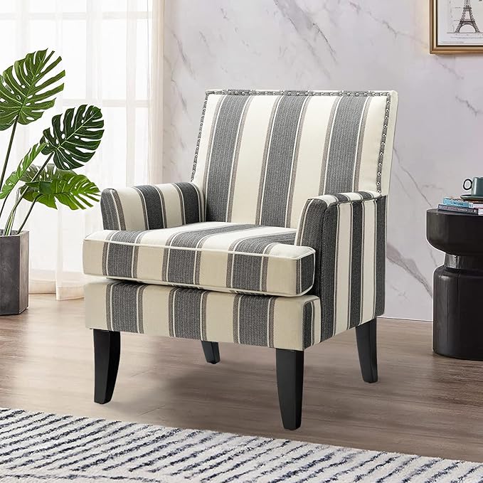 HULALA HOME Living Room Armchair Farmhouse Striped Accent Reading Chair with Wooden Legs & High Back Rest & Padded Armrest & Nail Head Trim for Lounge/Bedroom, Striped Black
