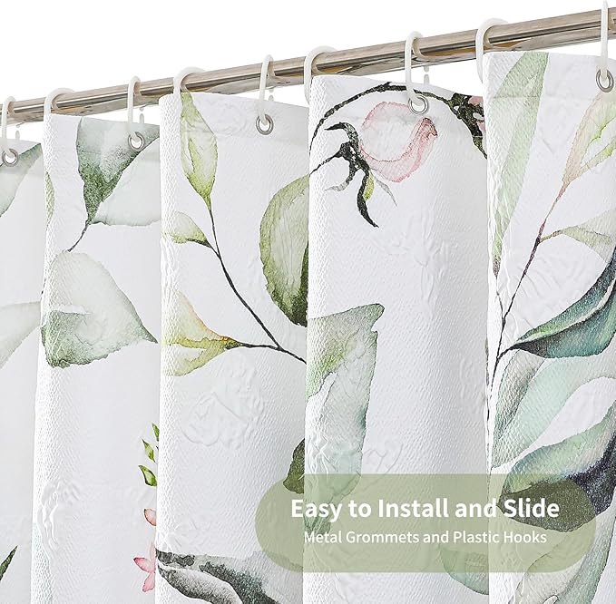 QIYI Watercolor Eucalyptus Shower Curtain, 3D Embossed Butterflies Floral Bathroom Curtain, Minimalist White Farmhouse Bath Curtain, Waterproof Fabric Green Leaves Shower Curtain Set with Hooks, 72x72