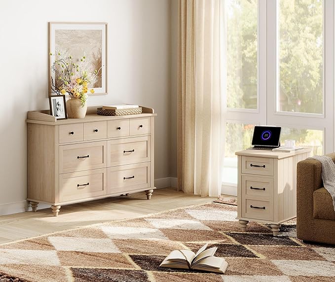 WAMPAT 2 Pack End Tables with Charging Station, Farmhouse Narrow Side Table with Drawer & Storage Cabinet, Beige Nightstand with Power Outlets & USB Ports for Living Room, Bedroom