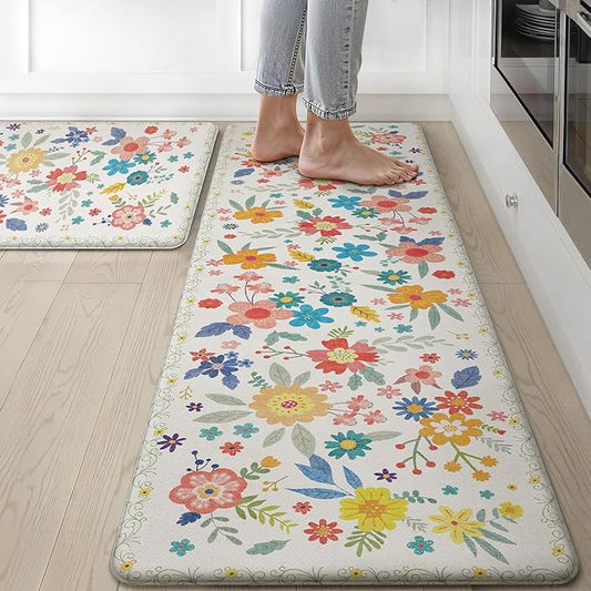 GENIMO Kitchen Mats for Floor 2PCS, Cushioned Kitchen Rugs Non Slip Washable, Farmhouse Anti Fatigue Mat Waterproof, Comfort Standing Mat Rug for Office, Home, Laundry, 17.3"x59"+17.3"x30", SoftWhite