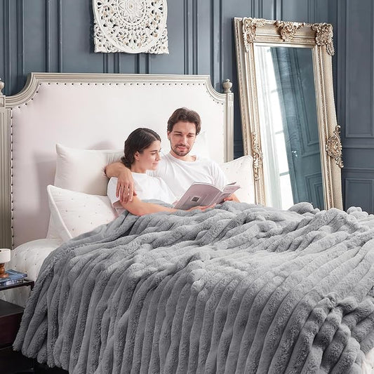 Cozy Bliss Faux Fur Throw Blanket for Couch, Cozy Warm Plush Striped Blanket for Sofa Bedroom Living Room, 108 * 90 Inches Gray