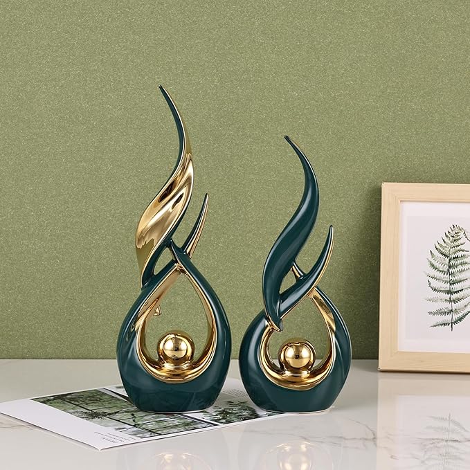2 PCS Green Gold Ceramic Statues For Home Decor Accents, Modern Abstract Art Sculptures, Elegant Tabletop Decorative Objects For Dining Room, Entryway, Tv Stand, Mantel, Coffee Table Centerpieces