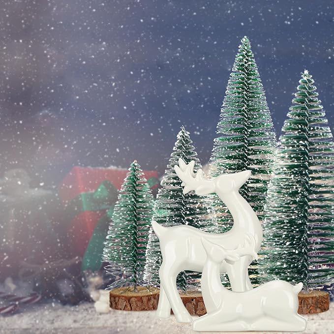 Wesiti 2 Pcs Ceramic Christmas Reindeer Figurines 4 Pcs Mini Christmas Pine Tree Reindeer Decor Deer Statue Sculpture Tabletop Ornaments for Home Mantel Shelves Decor(White)