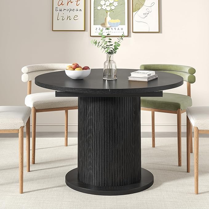 43.3 inch 59 inch Adjustable Size Round Dining Table for 4 6, Unique Design Modern Farmhouse Kitchen Table, Circle Dining Tables with Wood Strip Base for Kitchen Living Room (Black)