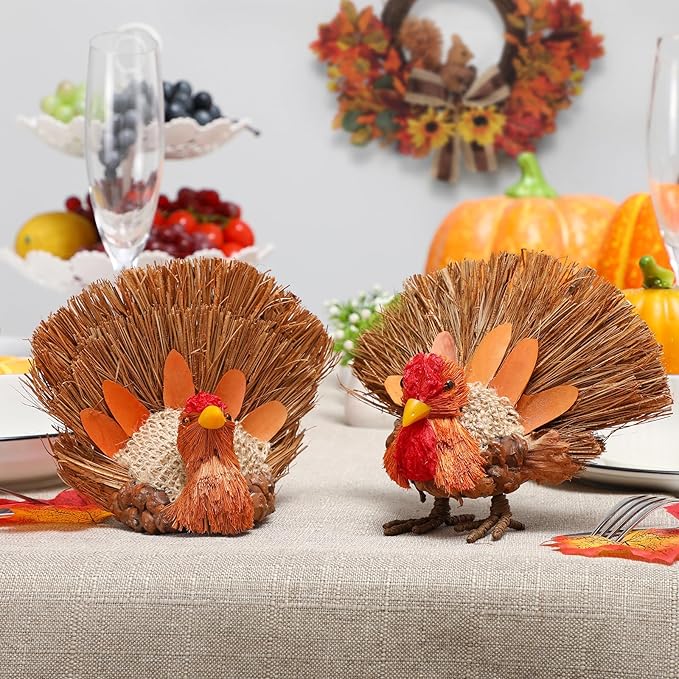 2PCS Thanksgiving Decorations Turkey, Thanksgiving Decorations for Table, Natural Material Turkey for Home Indoor Decor