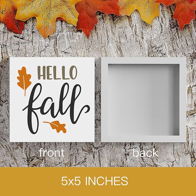 Fall Wooden Box Sign for Tiered Tray, 5.1 X 5.1 Inch Pumpkin Autumn Wood Sign for Home Living Room Harvest Day Thanksgiving Tabletop Decor - Hello Fall