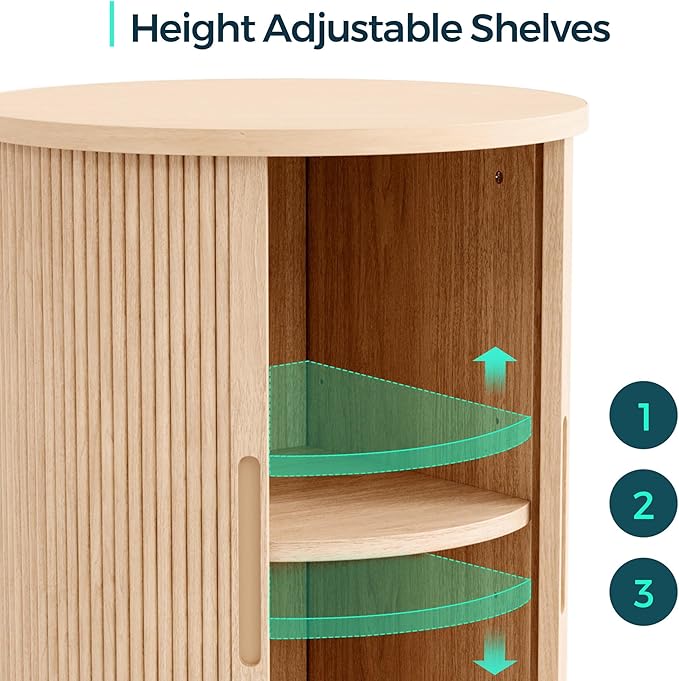 LINSY HOME Round Fluted End Table, Tall Side Table with Sliding Tambour Door and Storage Shelf, Modern Bedside Table, Mid-Century Nightstand for Living Room, Bedroom, Oak