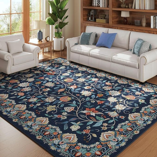 Rugcomf Vintage Paisley Rugs for Living Room 5'x7' - Machine Washable Area Rug, Non-Slip Low Pile Floral Carpet for Bedroom, Dining Room, Farmhouse, Office, Kids Playroom - Blue
