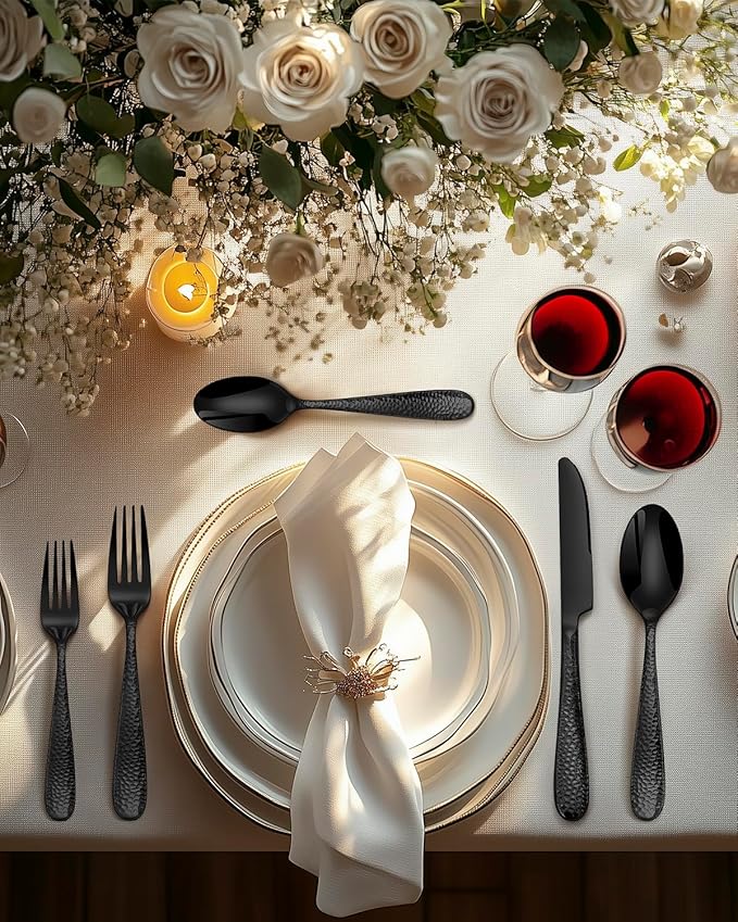 Hammered Black Silverware Set, EUIRIO 20-Piece Cutlery Set for 4, Heavy Duty Stainless Steel Flatware Set, Food-Grade Utensil Sets Includes Spoons Forks and Knives, Mirror Finish Dishwasher Safe