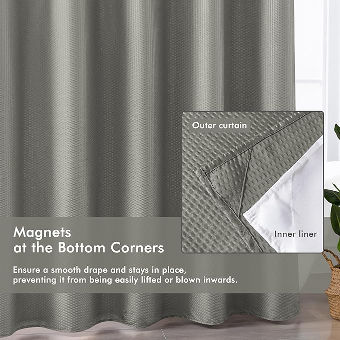 Mrs Awesome No Hook Shower Curtain with Snap-in LinerLess Time On/Off, Embossed Waffle-Look Textured Fabric Shower Curtain for Bathroom, Soft & Lightweight, 71x74, Gray