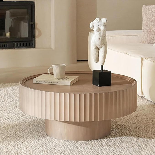 Round Coffee Table, Modern Living Room Tables with Mushroom Shape and Grooved Design, Large Coffee Tables, Circle Pinewood Center Table for Living Room, Apartment (Gray, 31.8''L×13.7''H)