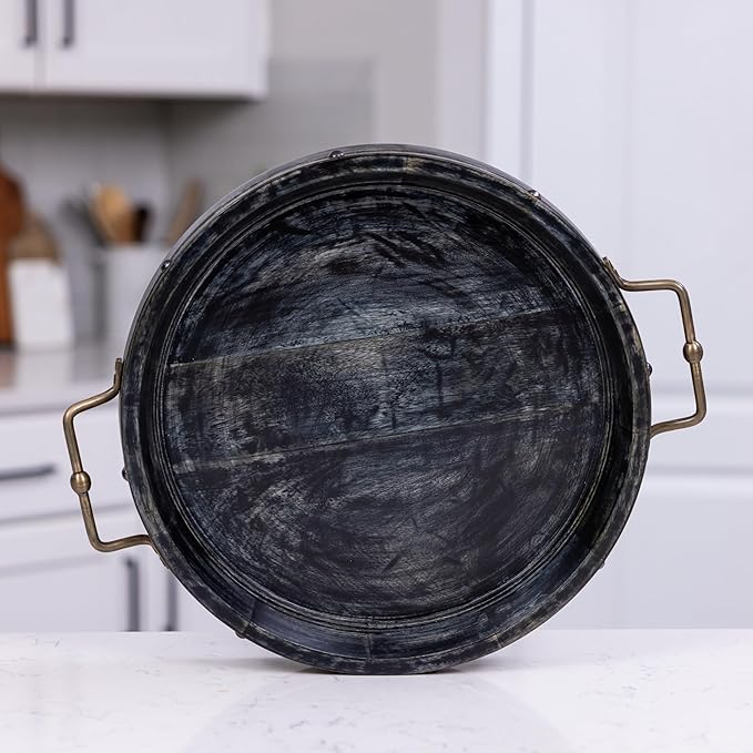 16” Round Ottoman Tray, Distressed Black Mango Wood, Rustic Farmhouse Style with Antique Brass Handles & Accent Strap, Large Coffee Table Tray for Tea, Breakfast in Bed, Living Room