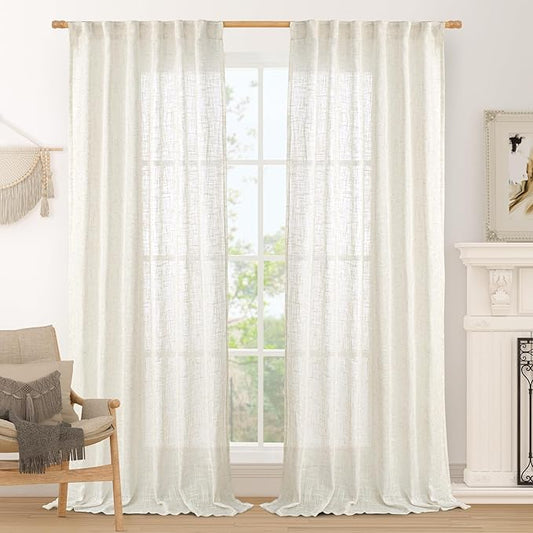LAMIT 108 inch Semi Sheer Linen Curtains for Living Room, Back Tab and Rod Pocket Cream Curtains Light Filtering Country Rustic Neutral Drapes for Bedroom/Farmhouse, 2 Panels, 52 x 108 Inch
