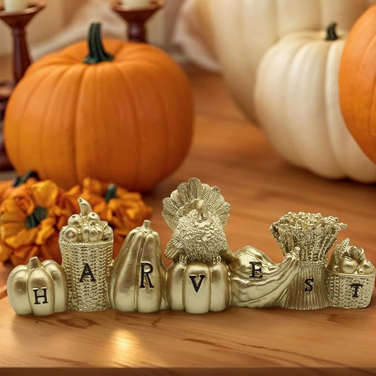 Thanksgiving Decoration for Home, Gold Fall Tabletop Decor with Harvest, Thanksgiving Turkeys with Pumpkin, Fruit Basket, Crops Figurines for Indoor Home Mantel Decor
