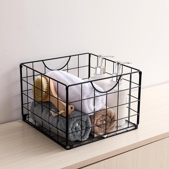 Metal Wire Basket Foldable Set of 4, Metal Bins for Organizing with PVC Sheet, 10.5x10.5in Wire Pantry Baskets Freezer Organizer Bins for Kitchen Closet Bathroom-Black