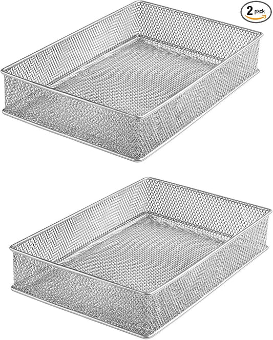 YBM HOME Silver Mesh Drawer Cabinet and or Shelf Organizer Bins, School Supply Holder Office Desktop Organizer Basket (2, 6x9x2 Inch)
