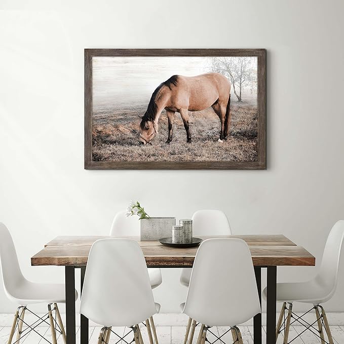 Horse Wall Art Decor Bedroom: Large Wildlife Wood Framed Picture Western Grazing Animal Print Painting Wild Horse Artwork for Home Office Country Room 45 x 30 Inches