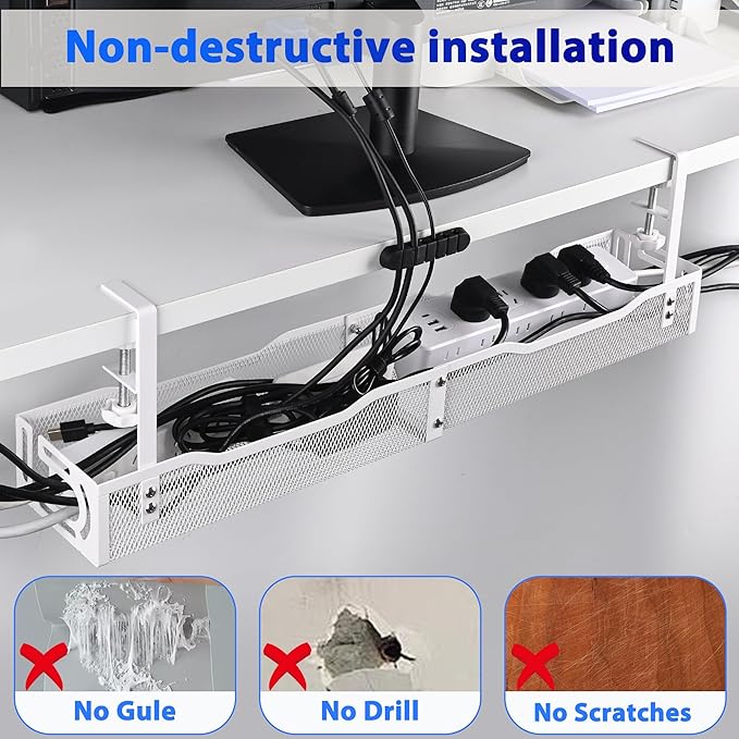 Under Desk Cable Management Tray 25.3 Inch – No Damage Install, Cord Organizer for Office & Home, Wire Organizer for Desk Storage, White
