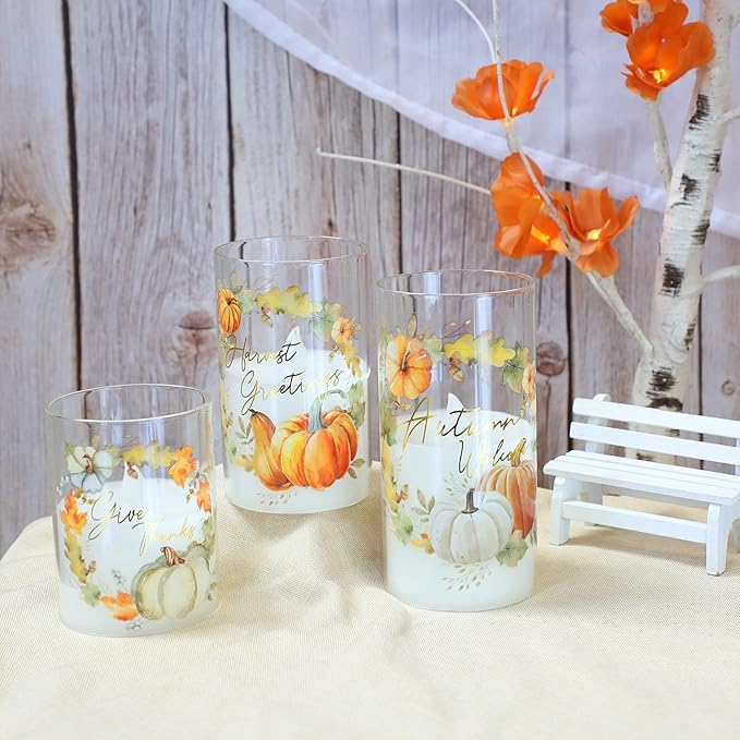 Fall Flameless LED Candles with Remote Timer Set of 3 Warm Lights DIM Home Decor Battery Operated Pumpkin Maple Leaves Painting Harvest Ornament Autumn Thanksgiving